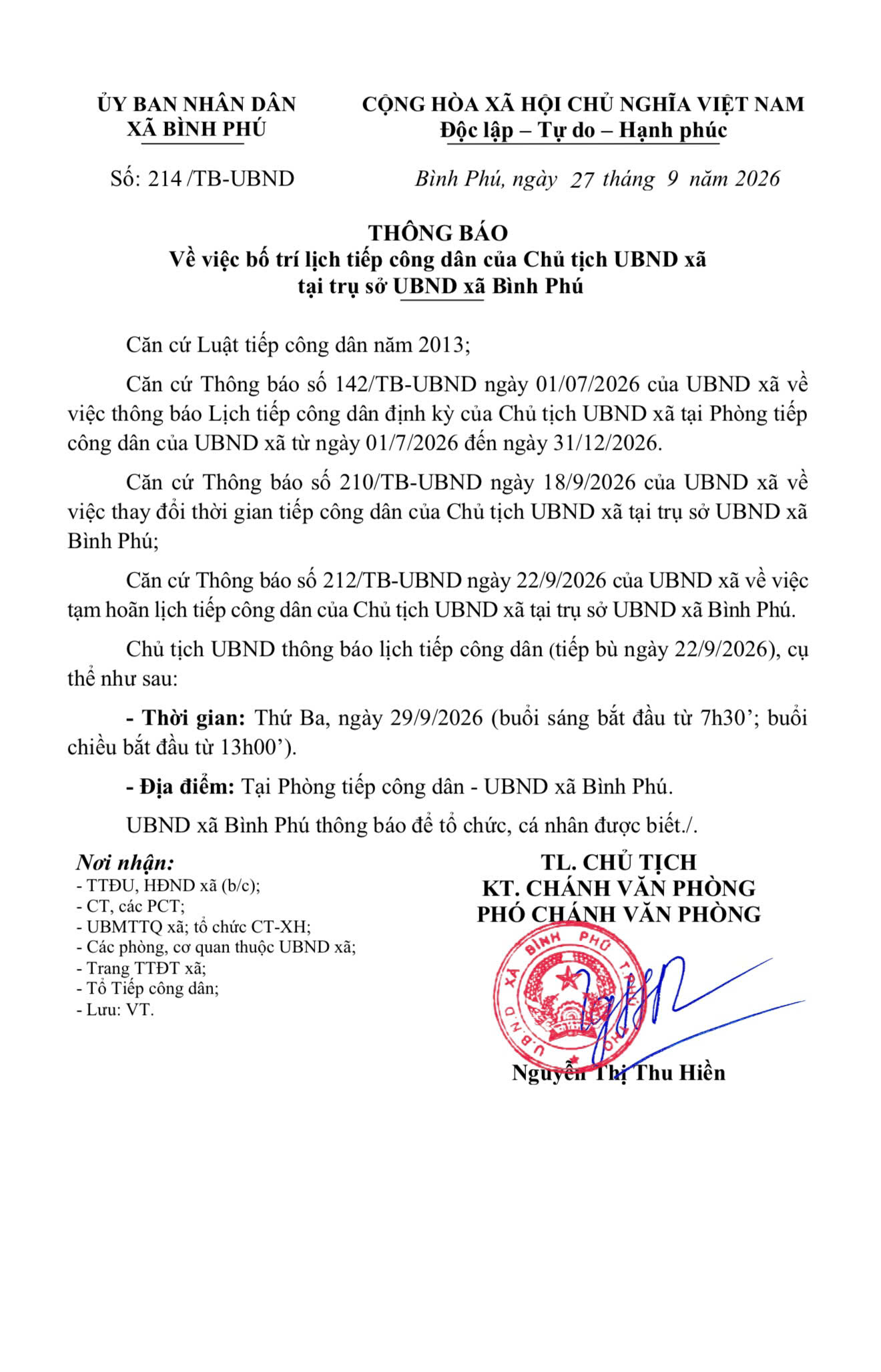 THÔNG BÁO Về việc bố trí lịch tiếp công dân của Chủ tịch UBND xã tại trụ sở UBND xã Bình Phú