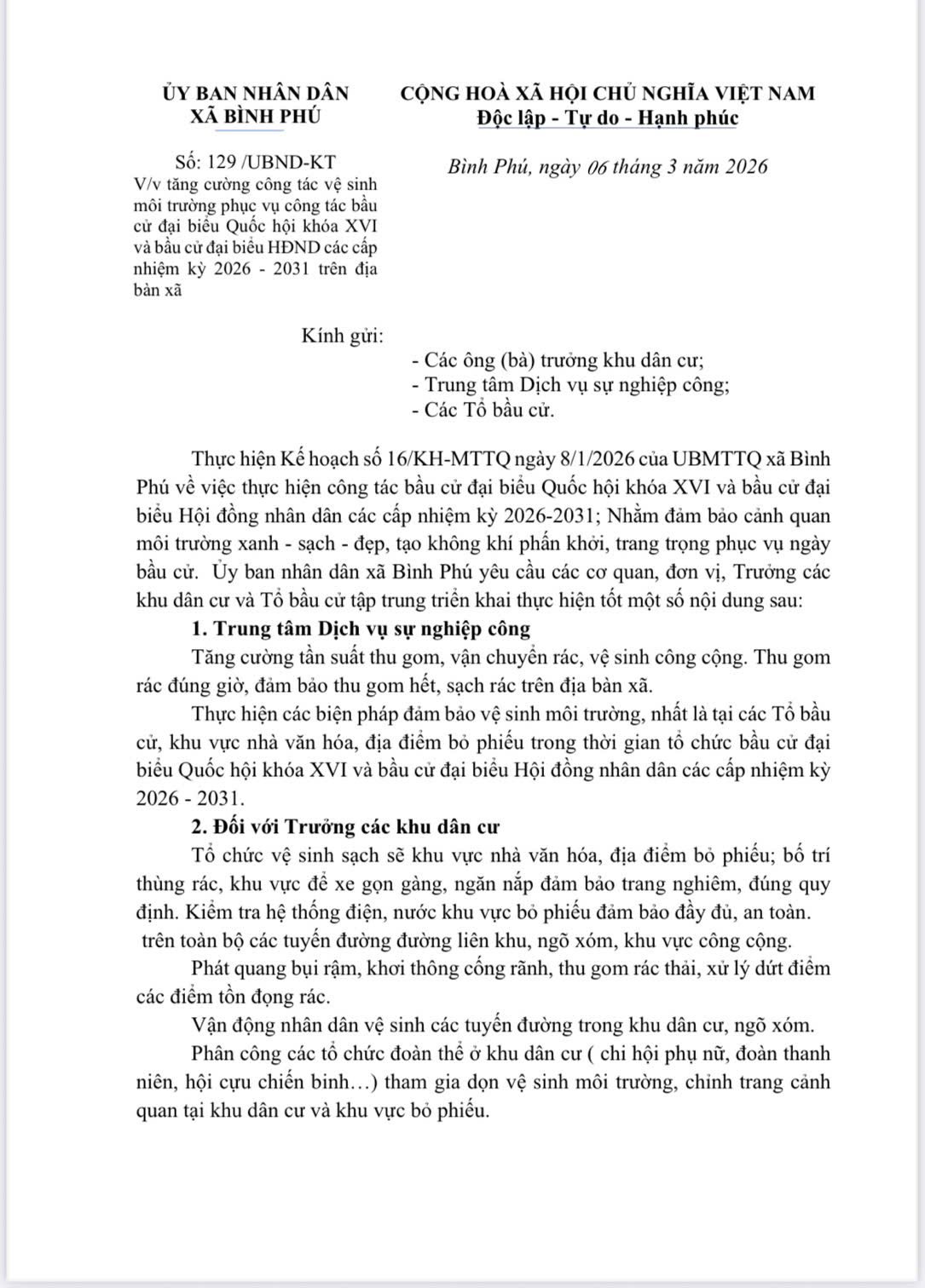 V/v tăng cường công tác vệ sinh  môi trường phục vụ công tác bầu  cử đại biểu Quốc hội khóa XVI  và bầu cử đại biểu HĐND các cấp  nhiệm kỳ 2026 - 2031 trên địa  bàn xã