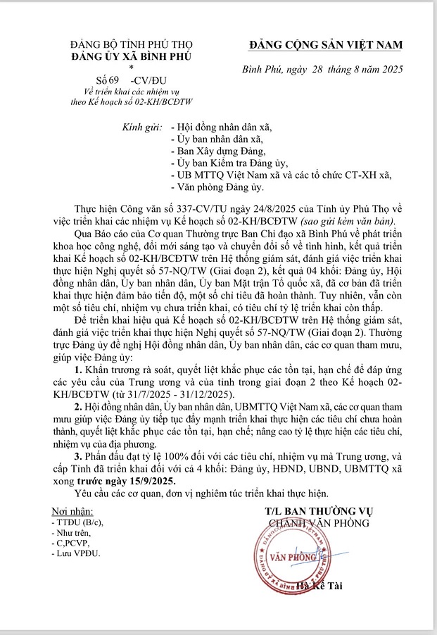  Đảng uỷ xã Bình Phú triển khai các nhiệm vụ  theo Kế hoạch số 02-KH/BCĐTW 