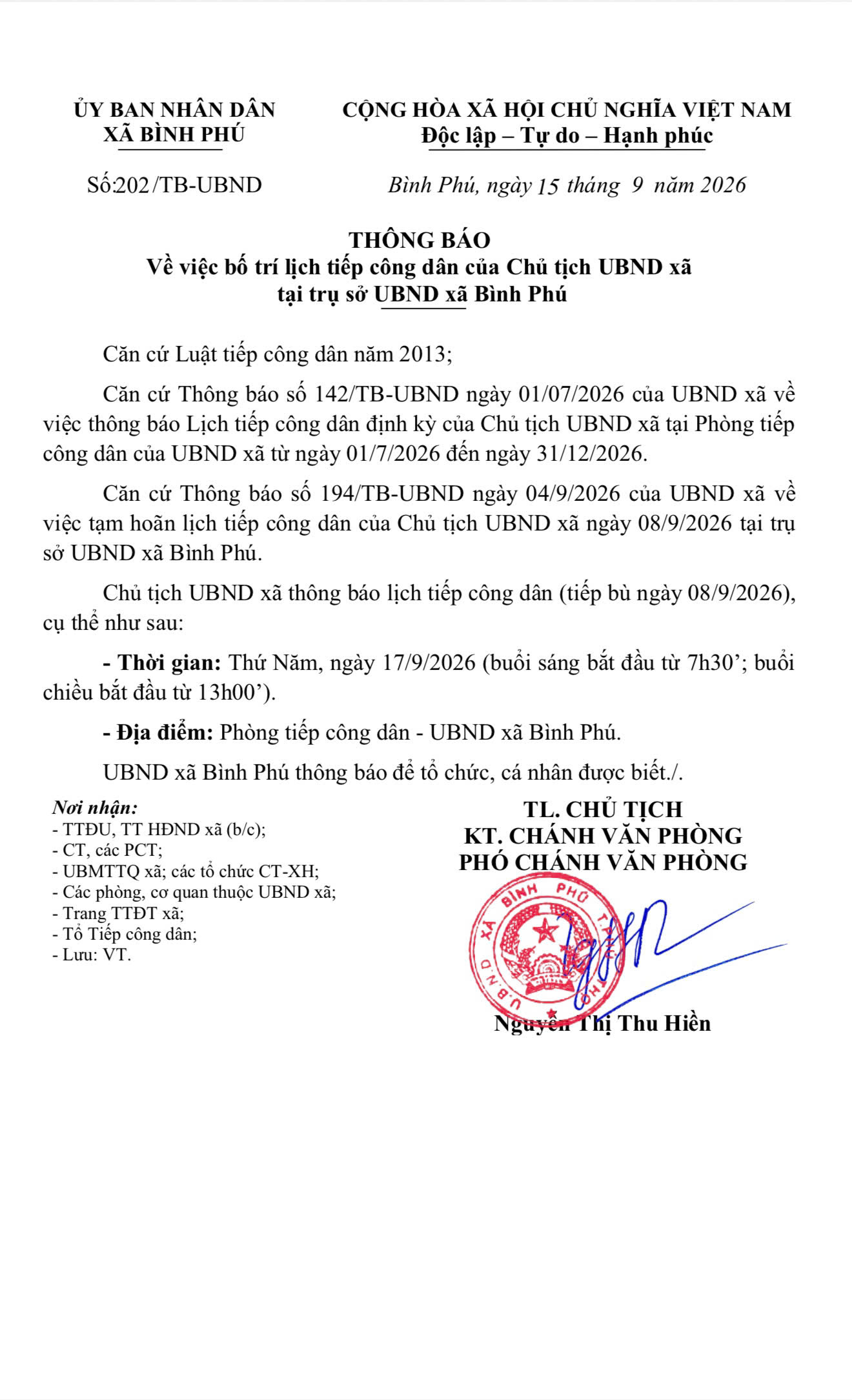 THÔNG BÁO Về việc bố trí lịch tiếp công dân của Chủ tịch UBND xã tại trụ sở UBND xã Bình Phú