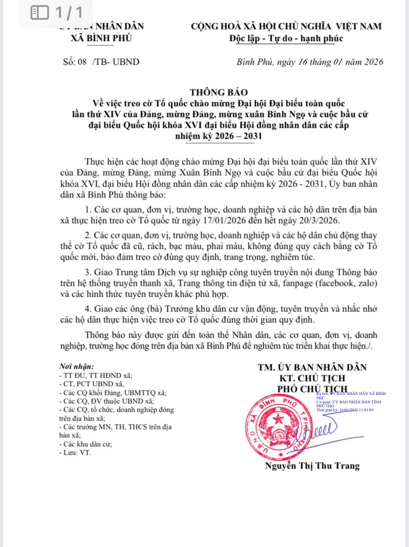 Thông báo về việc treo cờ Tổ quốc chào mừng Đại hội Đảng toàn quốc lần thứ XIV, mừng đảng, mừng xuân Bính Ngọ và cuộc bầu cử đại biểu Quốc hội và HĐND các cấp nhiệm kỳ 2026 - 2031.