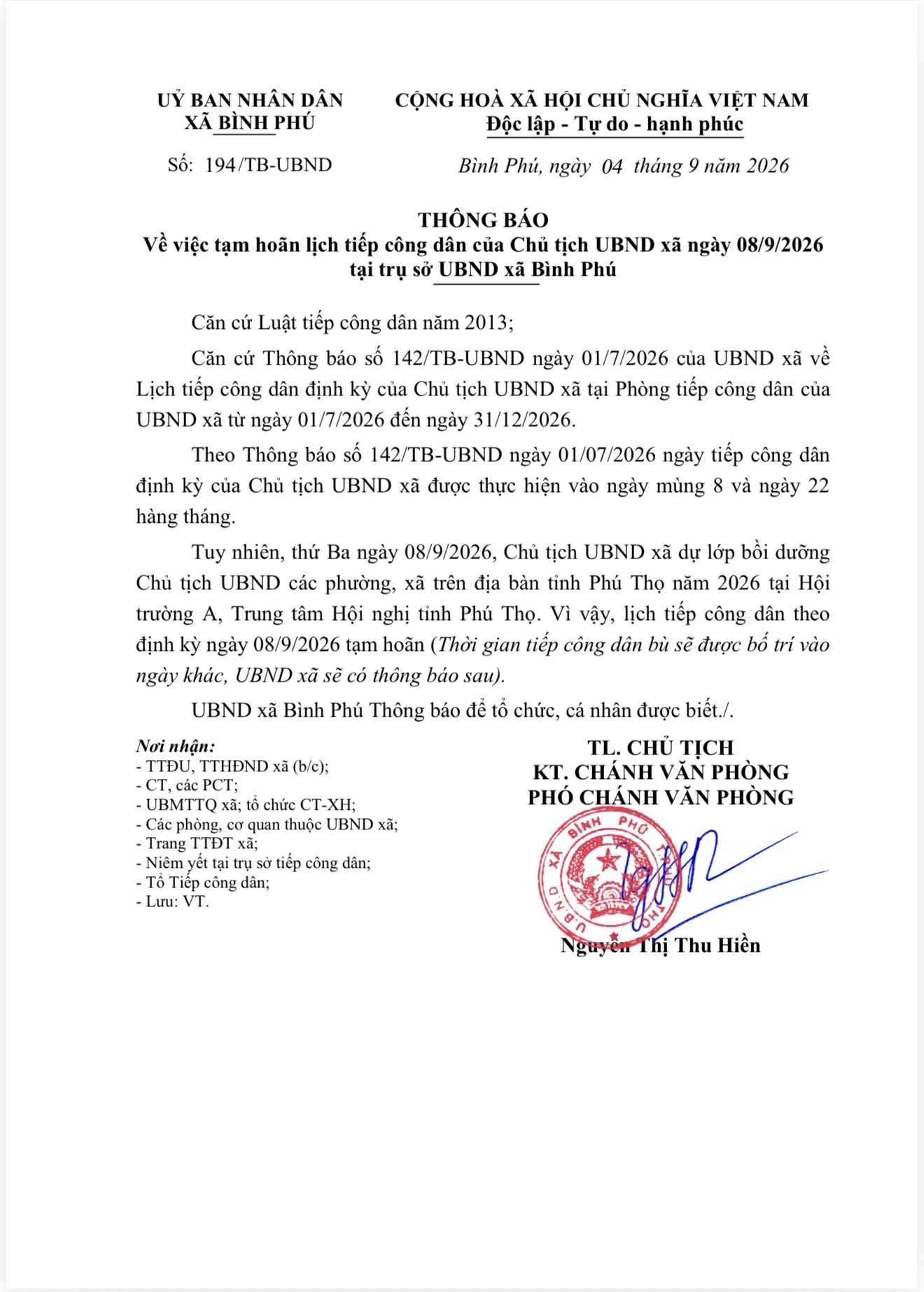 Thông báo tạm hoãn lịch tiếp công dân