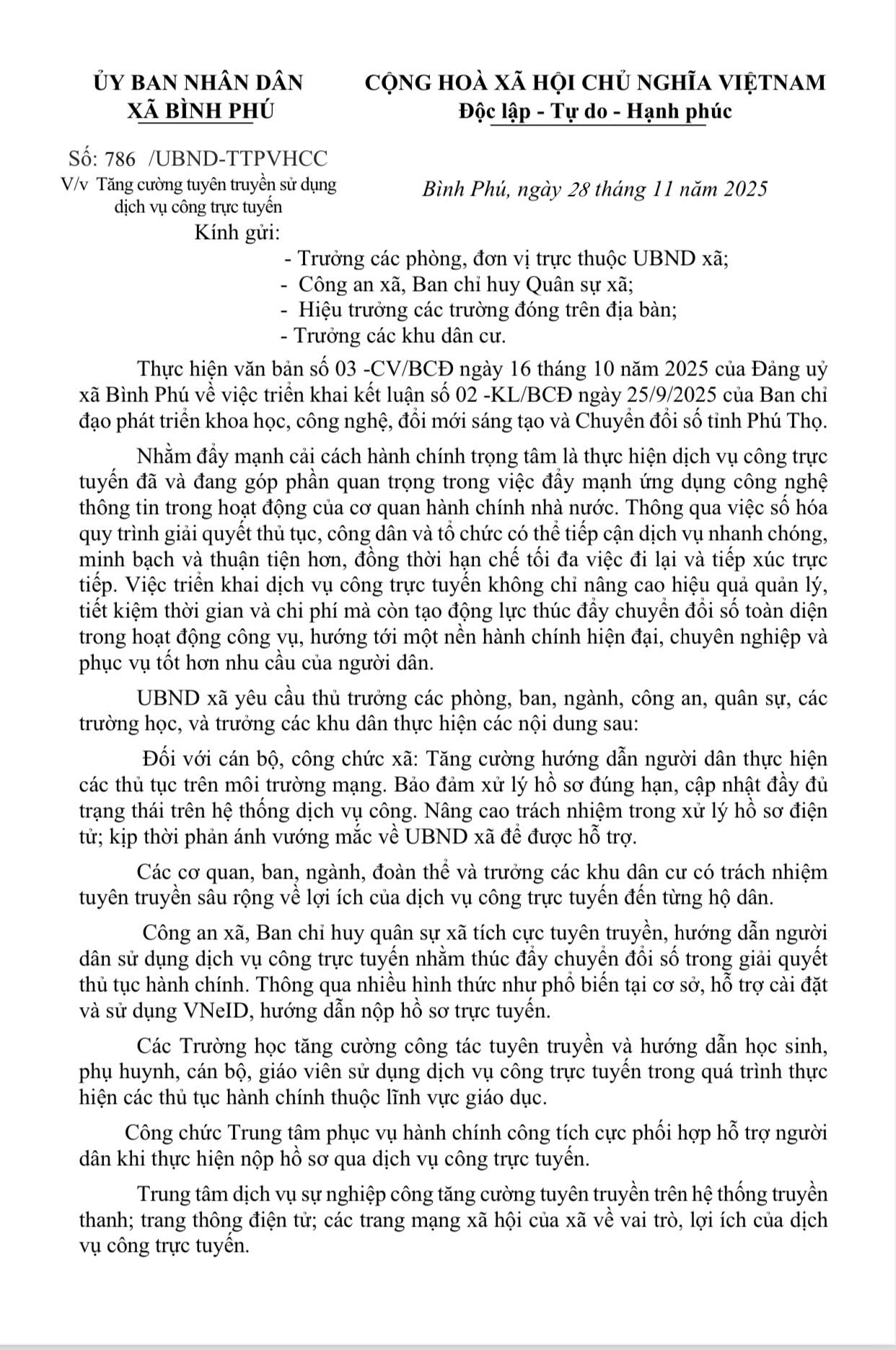 Xã Bình Phú tăng cường tuyên truyền sử dụng  dịch vụ công trực tuyến.