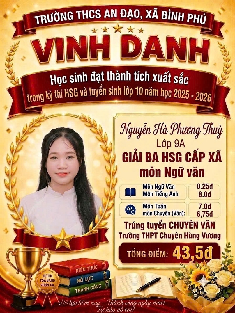 Trường THCS An Đạo, xã Bình Phú Vinh danh học sinh đạt thành tích xuất sắc trong các kỳ thi năm học 2025-2026