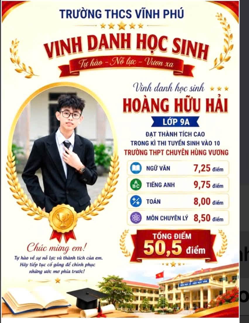 Trường THCS Vĩnh Phú lần đầu tiên có 02 học sinh đỗ vào Trường THPT Chuyên Hùng Vương.