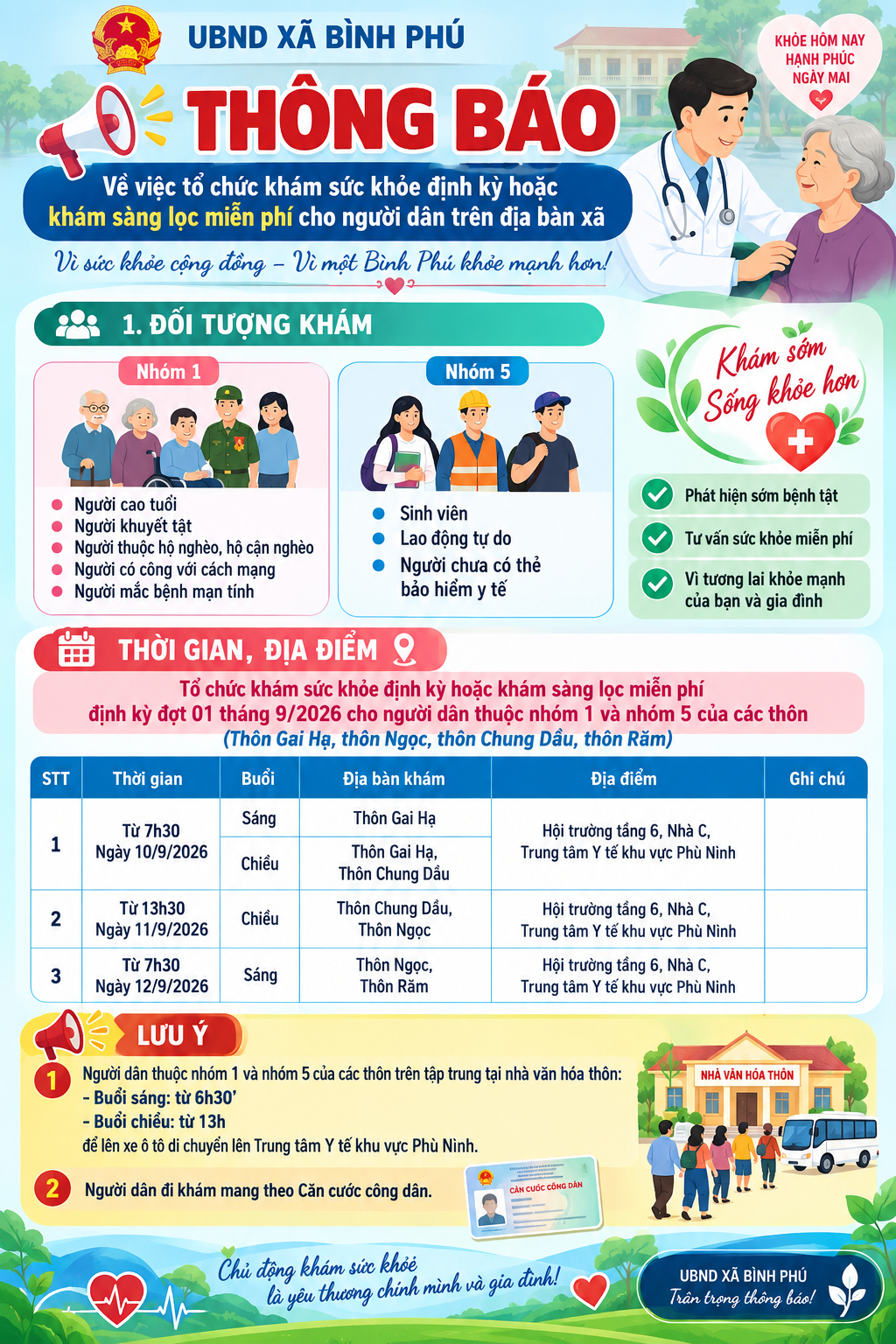 THÔNG BÁO: Về việc tổ chức khám sức khỏe định kỳ hoặc khám sàng lọc miễn phí cho người dân trên địa bàn xã Bình Phú.