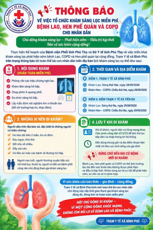 THÔNG BÁO về việc tổ chức khám sàng lọc miễn phí bệnh lao, hen phế quản, và copd cho nhân dân trên địa bàn