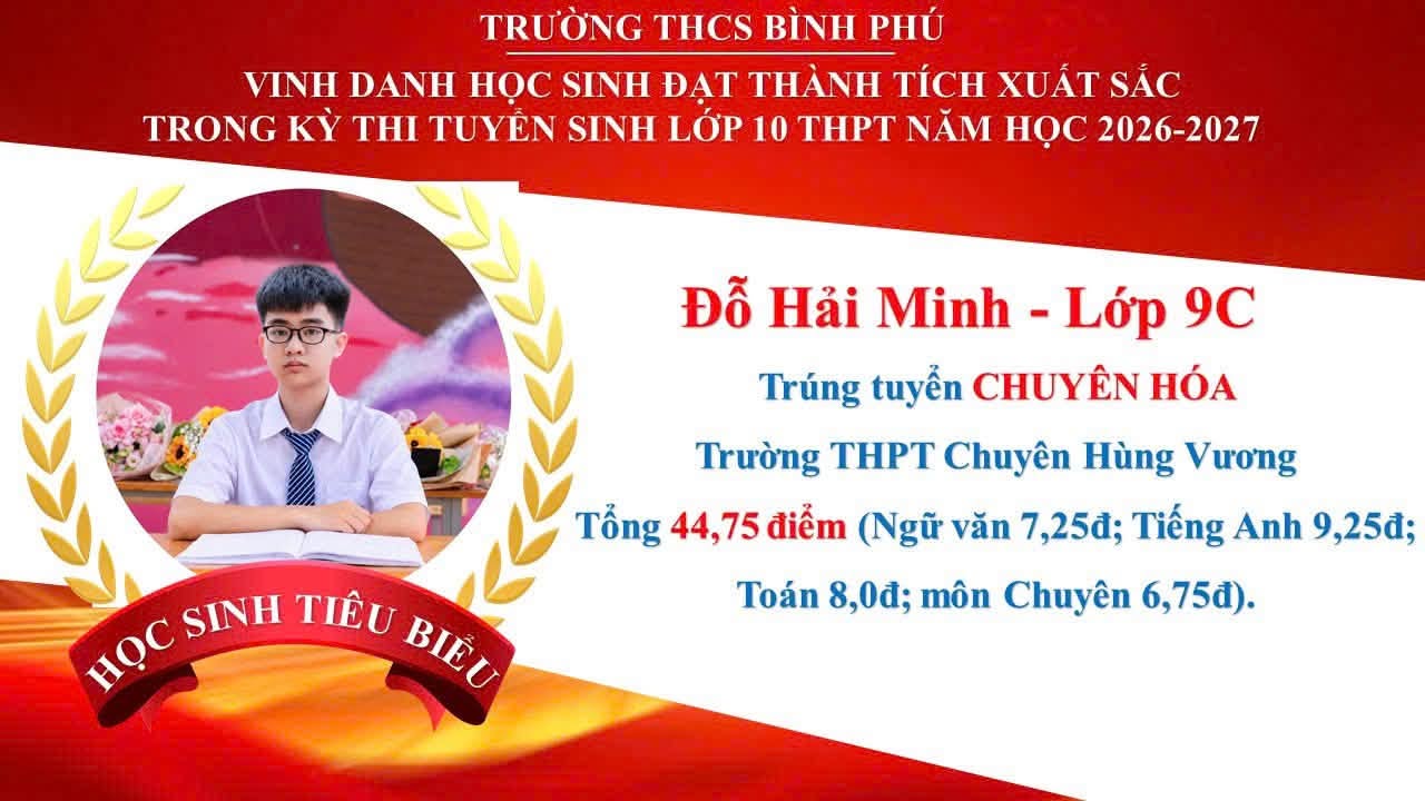 Nhiều học sinh Trường THCS Bình Phú đạt thành tích xuất sắc trong kỳ thi tuyển sinh vào lớp 10 THPT năm học 2026 - 2027.